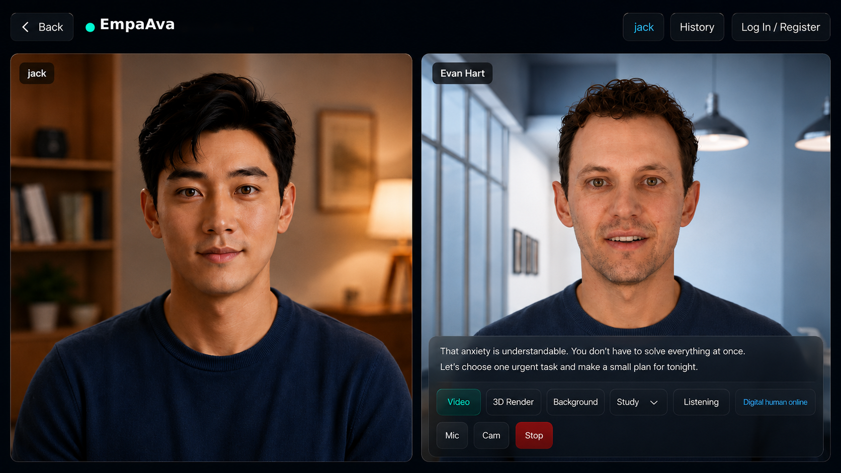 EmpaAva teaser showing a user talking with an embodied 3D avatar in a video-call-like booth.